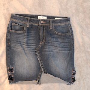 size five denim mini skirt messed up lace